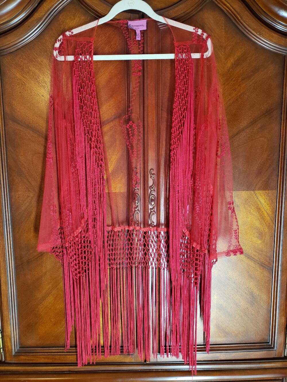 Sheer Fringe Open-Front Kimono Cardigan in Red